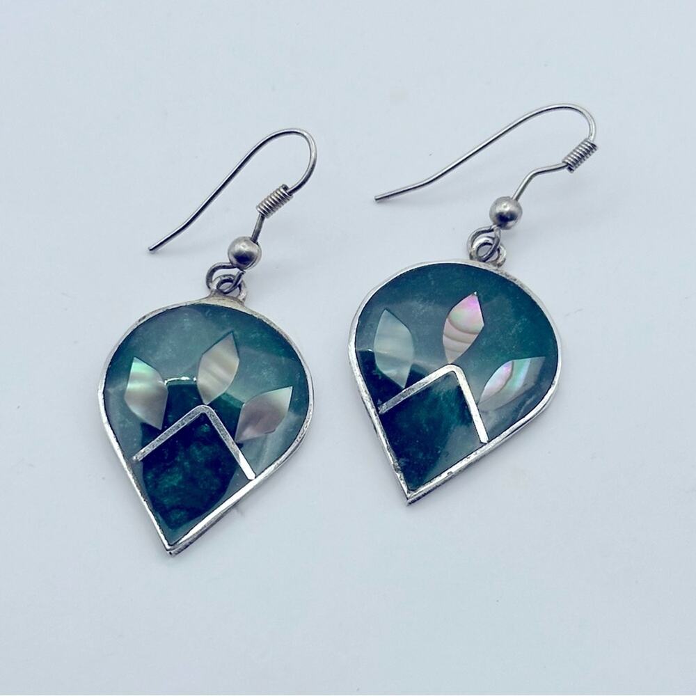 Mexico Alpaca Silver Dangle Earrings Floral Abalone Shell Inlay Casual Jewelry